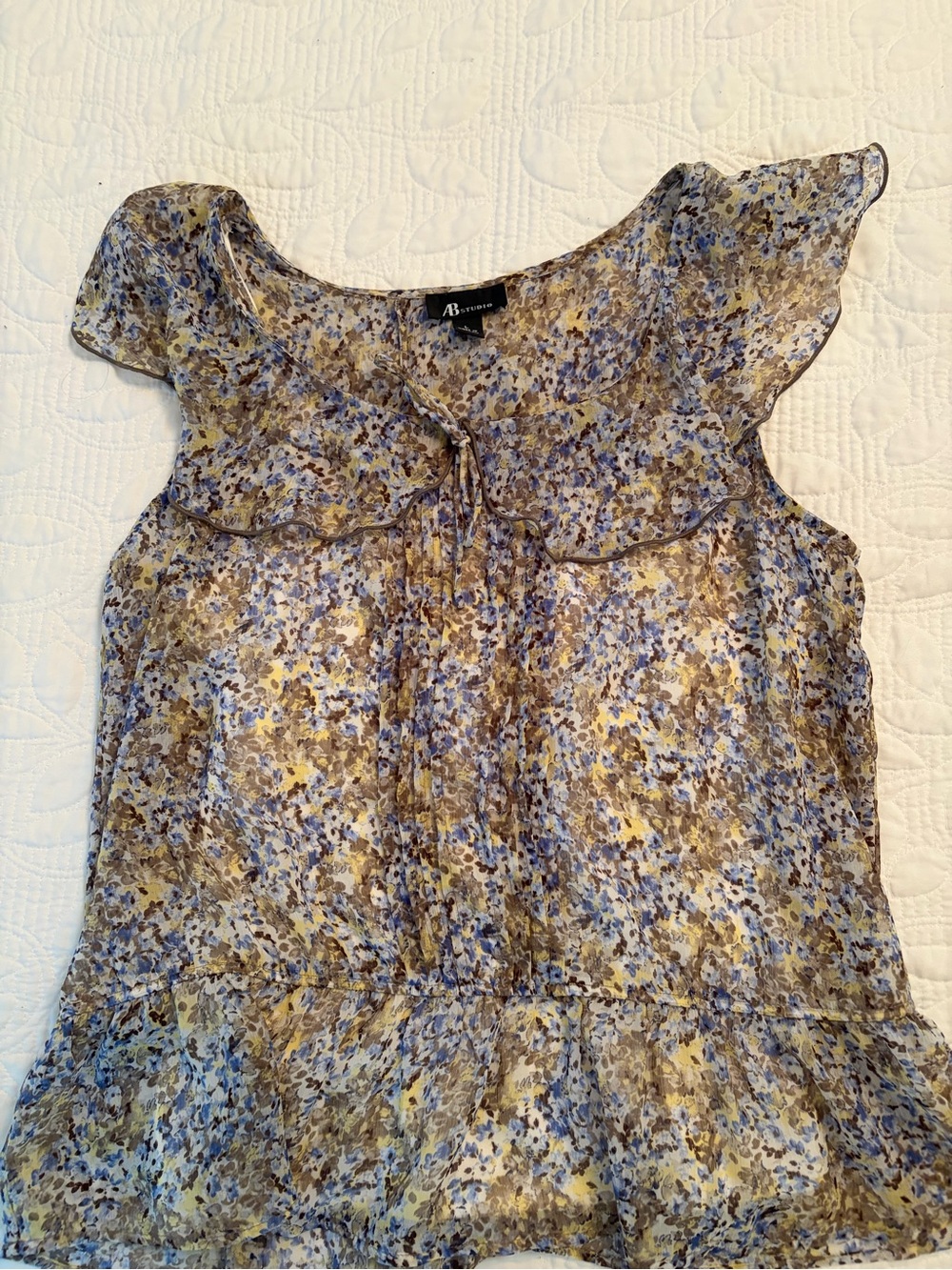 AB Studio Floral Chiffon Ruffle Tie-Front Camisole in Blue and Yellow